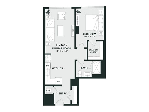 A floor plan of a house with a bedroom, living/dining room, kitchen, bathroom, and spacious closet.